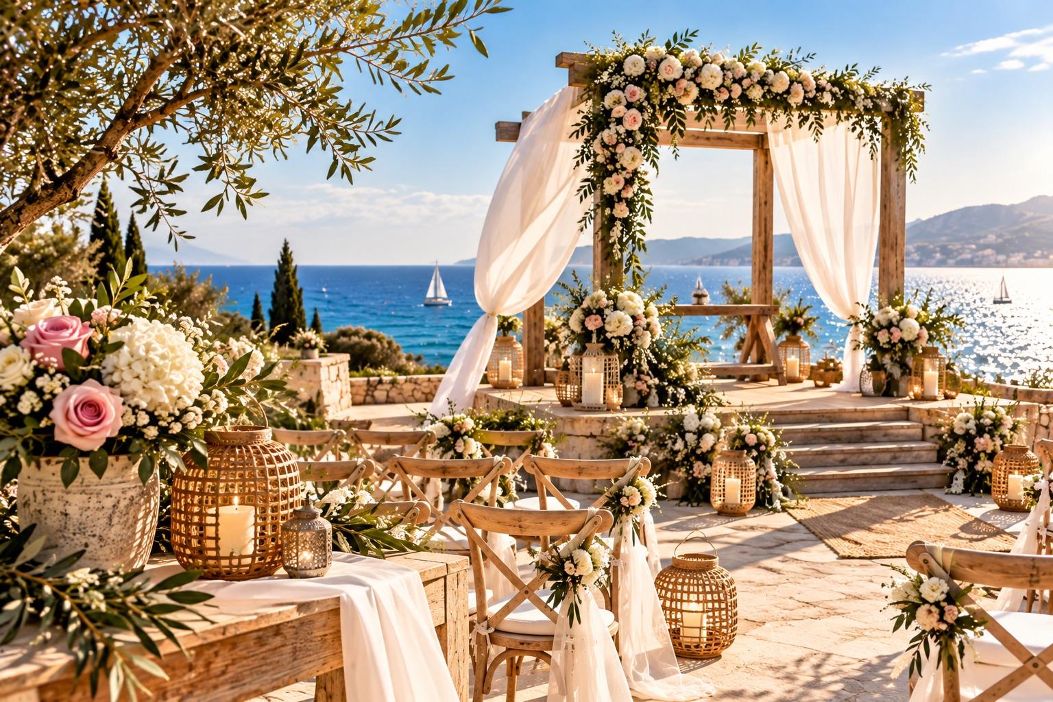 Cérémonie de mariage en plein air face à la mer : arche en bois fleurie et voilages blancs, chaises décorées de fleurs, lanternes et oliviers au soleil.