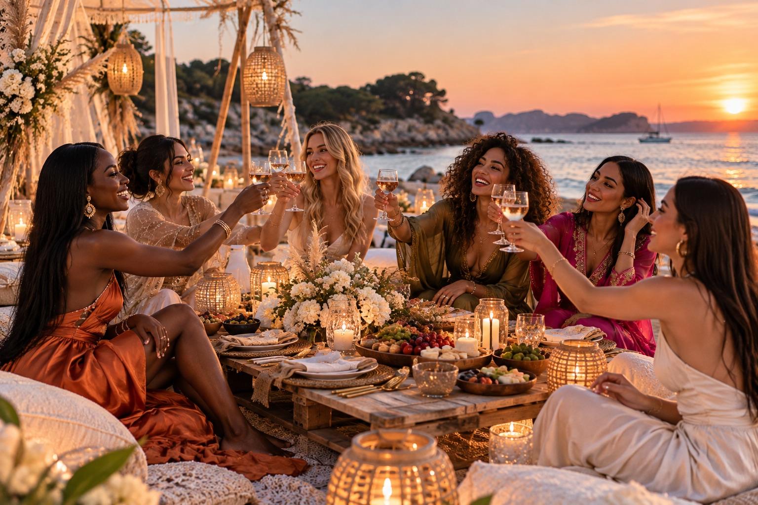 Un dîner bohème chic au coucher du soleil : des amies trinquent autour d’une table basse dressée de bougies et de fleurs, au bord de la mer.