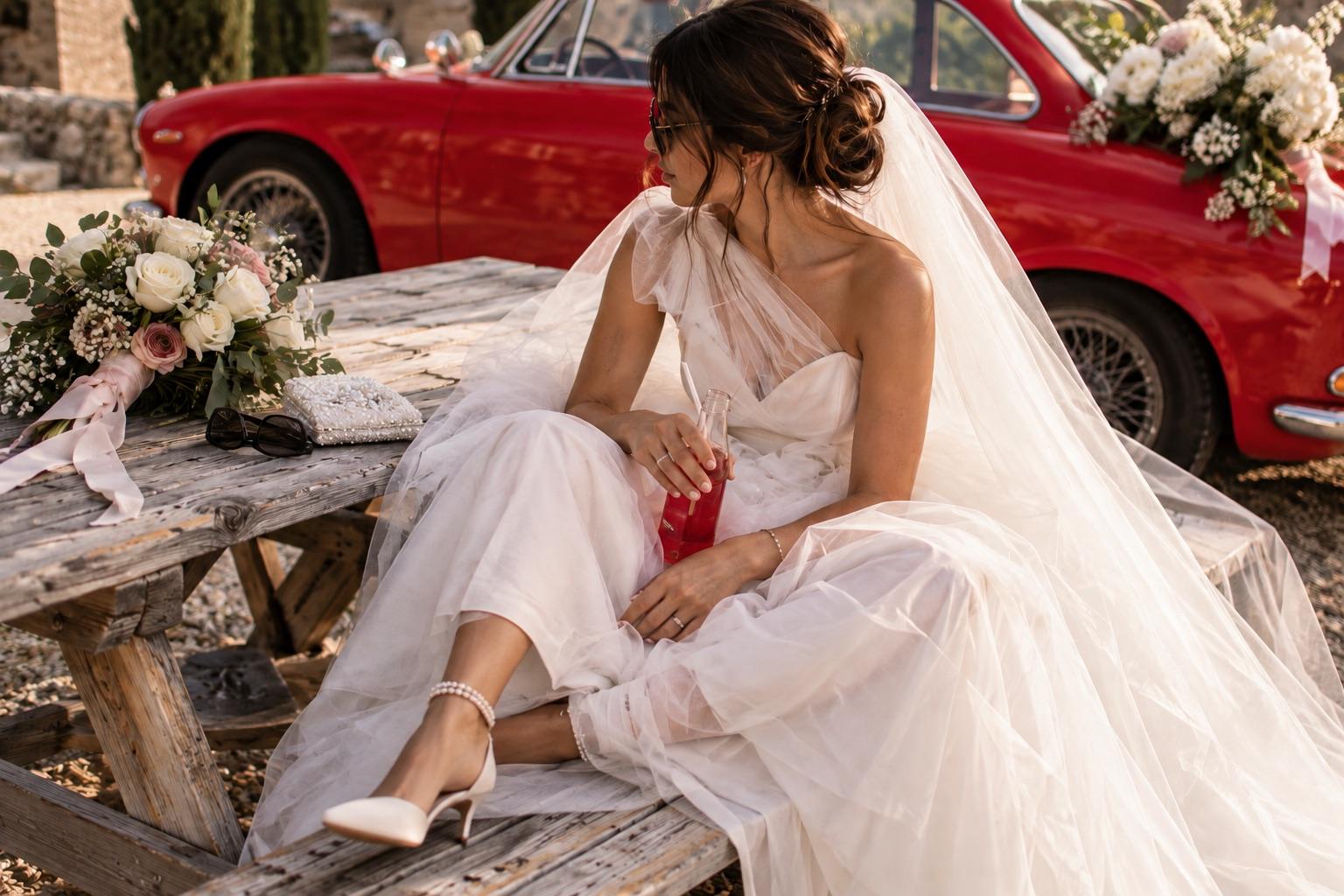 Une mariée en robe bustier et long voile, assise sur une table en bois près d’une voiture ancienne rouge fleurie, un bouquet de roses posé à côté d’elle.